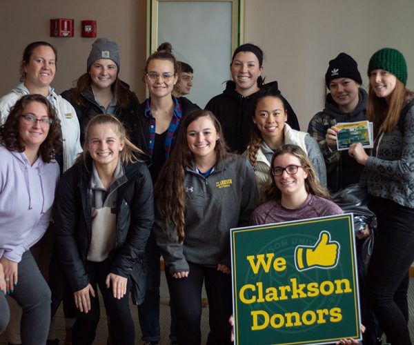 Clarkson University students participating in Grateful Golden Knights Day by thanking the donors
